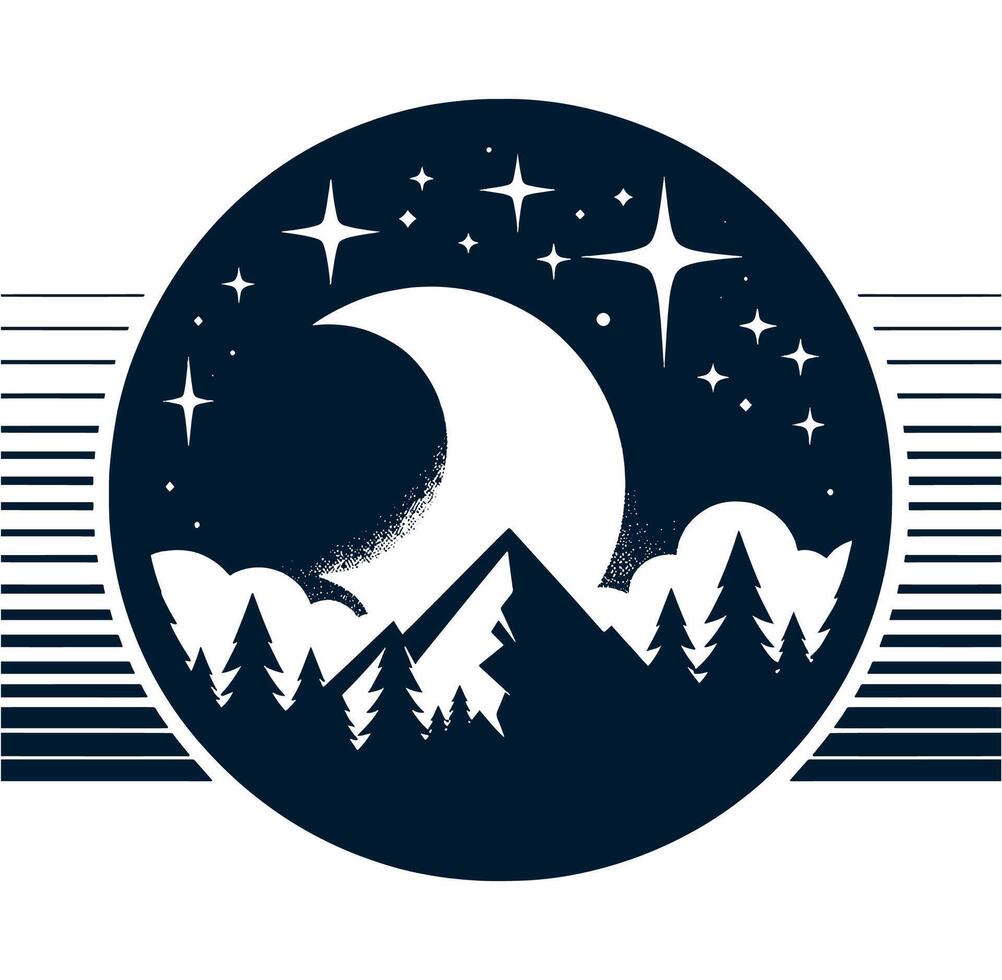 A moon and stars in the night sky with mountains and trees vector