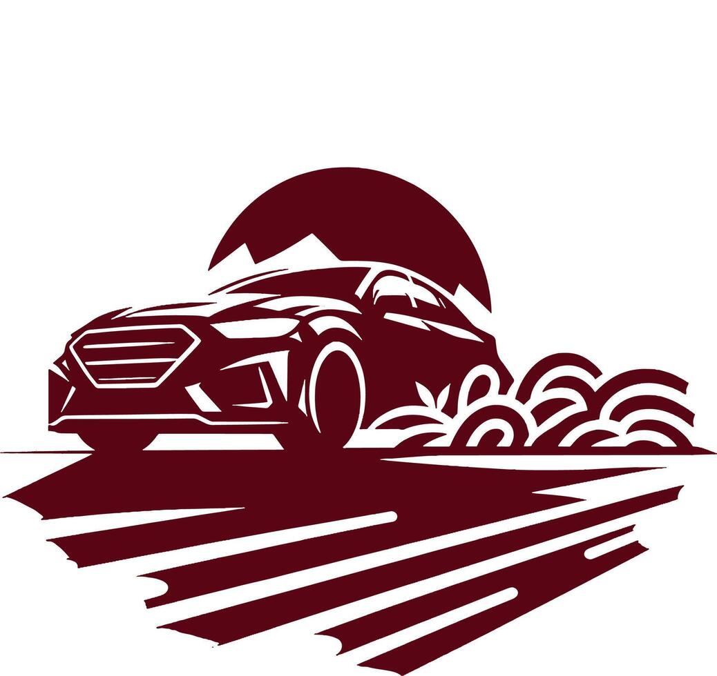 Car icon with mountains and sun on white background vector
