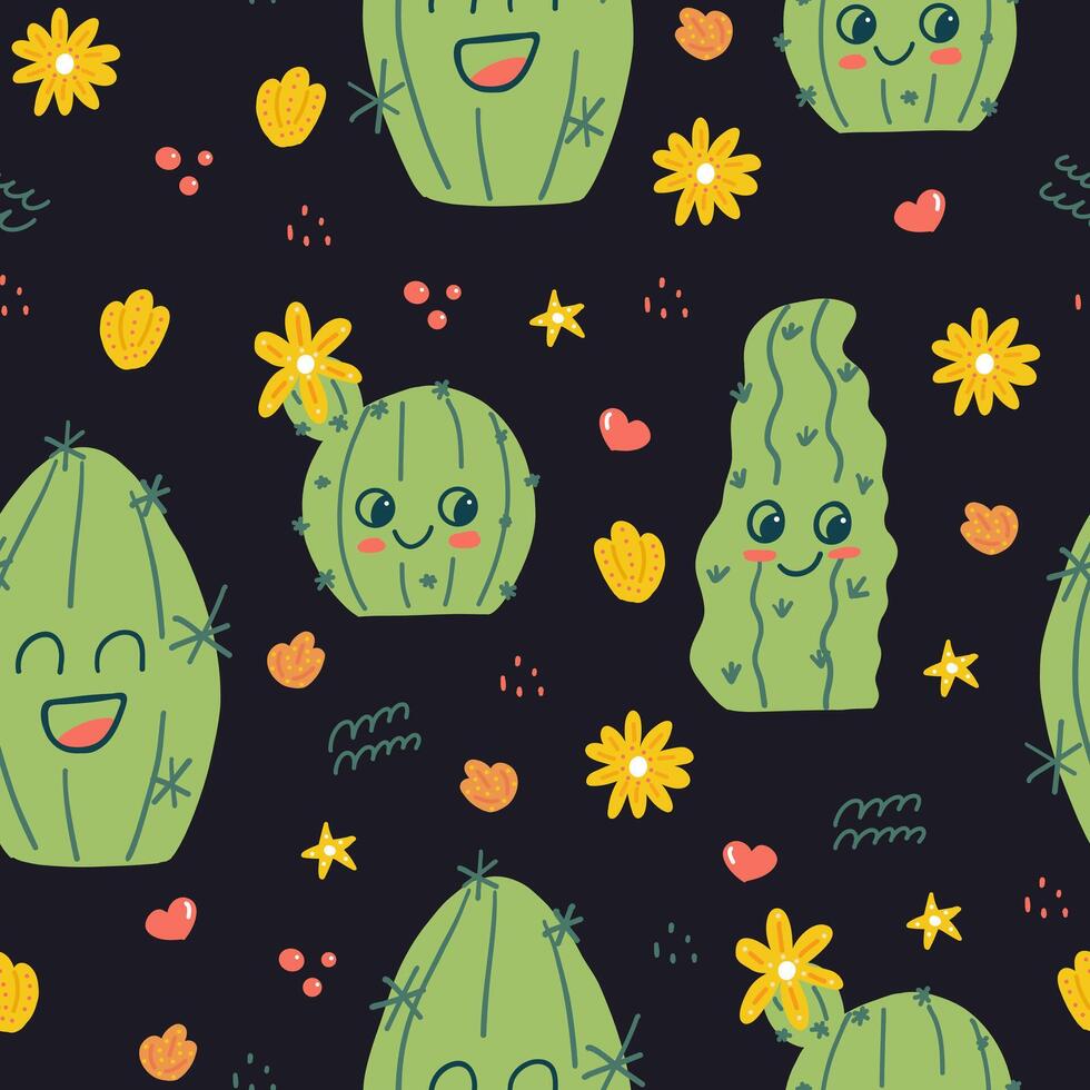 Seamless Pattern with Cute Hand-Drawn Cactus Characters and Flowers vector