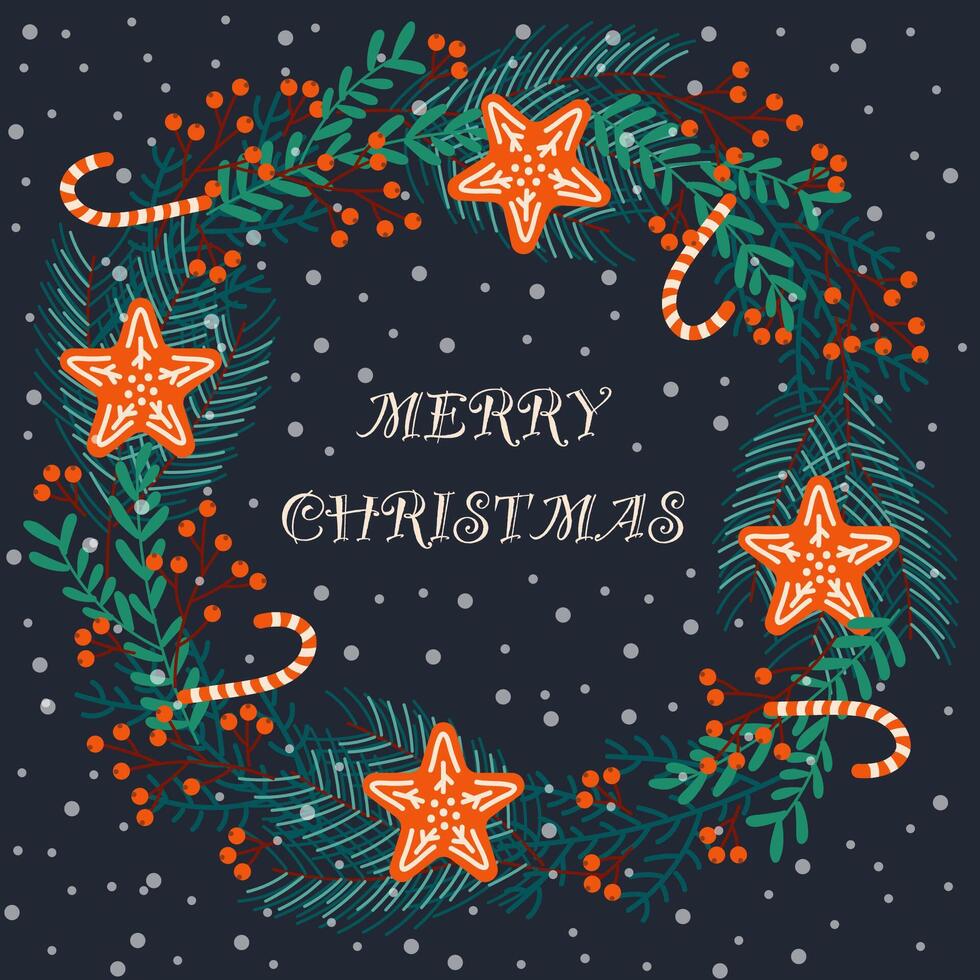 Christmas Wreath with Gingerbread Cookies and Candy on a Dark Background vector