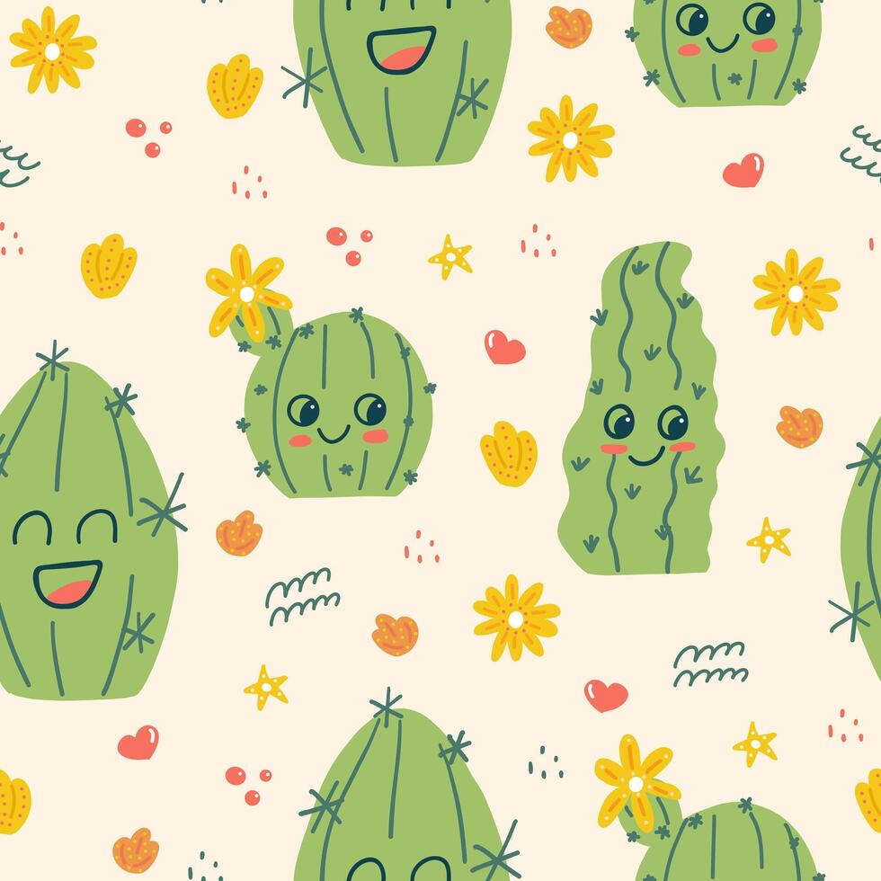 Seamless Pattern with Cute Hand Drawn Cactus Characters and Flowers vector