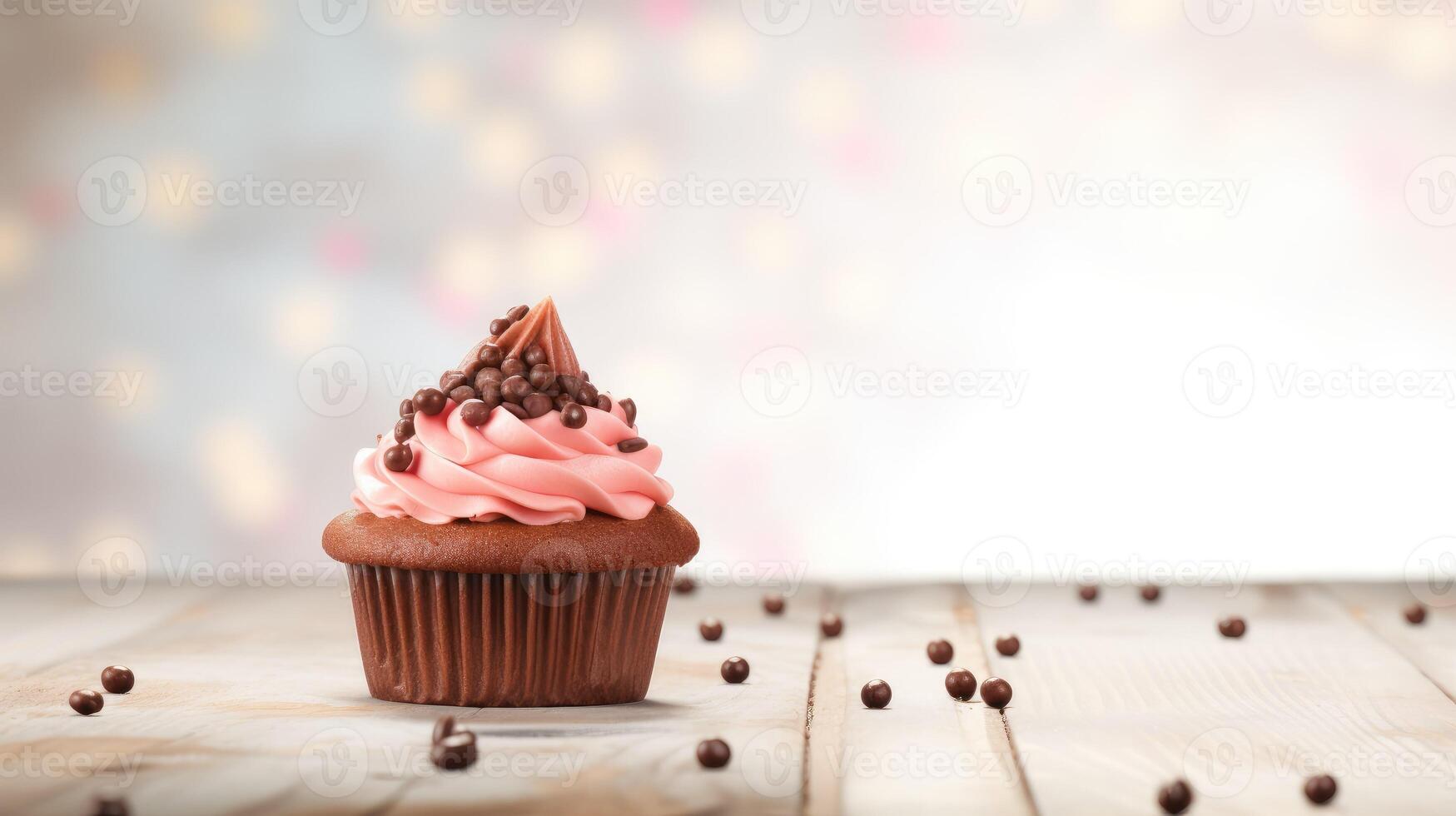 Chocolate cupcake with pink frosting on wooden table with blurred background photo