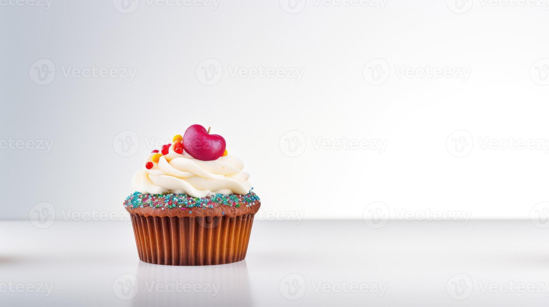 Three cupcakes with frosting and sprinkles on a white background photo
