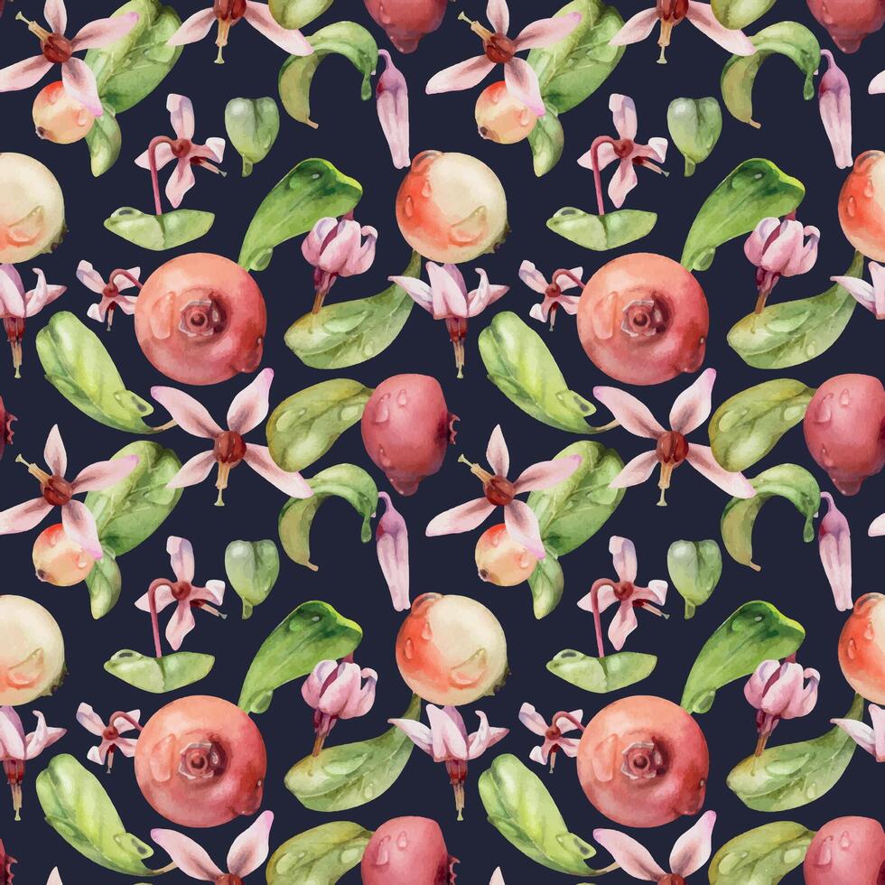 Cranberry lingonberry pink flowers stems, water dew drops, ripe swamp forest berry, bearberry teaberry wintergreen. Dark background seamless pattern hand drawn in watercolor. Textile, farmers market vector