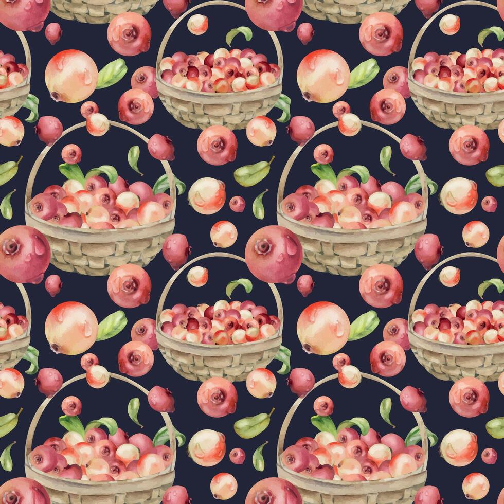 Lingonberry cranberry with leaves in weaved basket, ripe picked forest berry harvest hand drawn in watercolor. Dark background seamless pattern. Home preserves, cafe menu, recipe book, farmers market vector