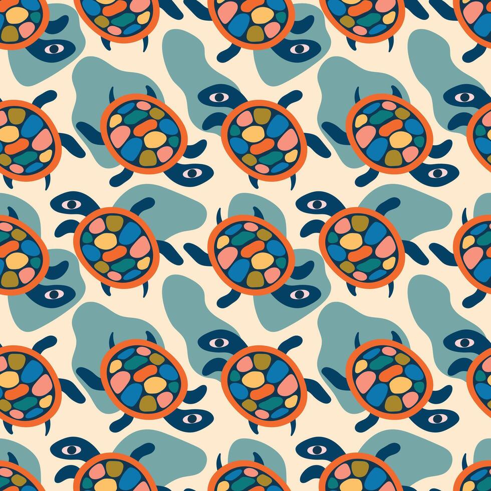 Turtle colorful seamless pattern. Turtles with vibrant patterned shells on a light background. Creative design for prints, textiles, paper, packaging vector