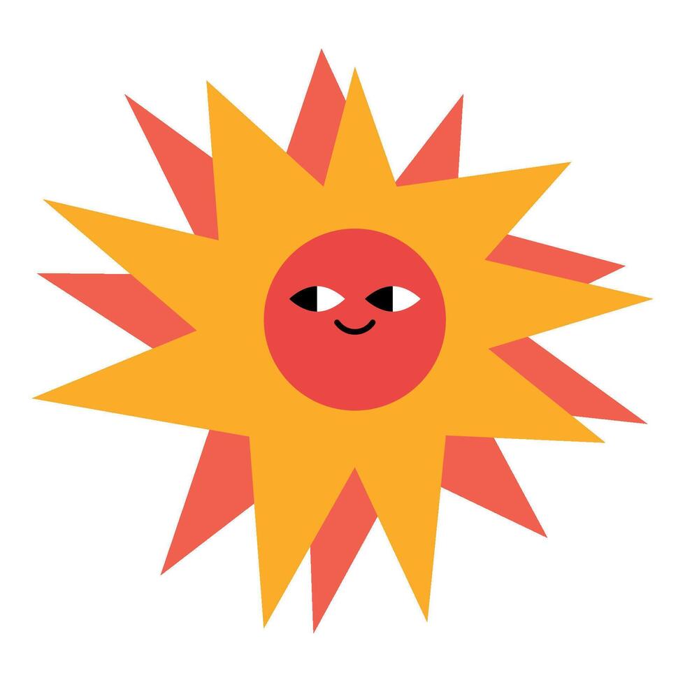 Cheerful Cartoon Sun Face Illustration. Bright cartoon sun with a happy face, featuring vibrant orange and red rays. vector
