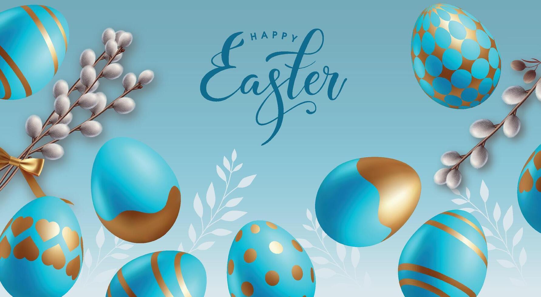 Happy Easter background with spring willow branch. Holiday banner with hovering falling blue with golden eggs. Greeting card. Botanic theme. vector