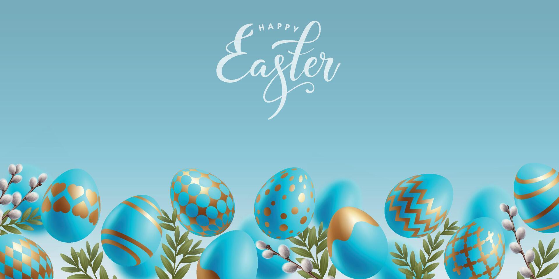 Happy Easter background with spring willow branch. Holiday banner with hovering falling blue with golden eggs. Greeting festival card. Botanic theme. vector