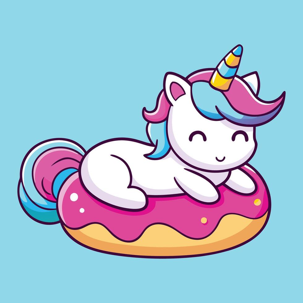 Unicorn Relaxing on a Doughnut Cartoon Illustration Design vector