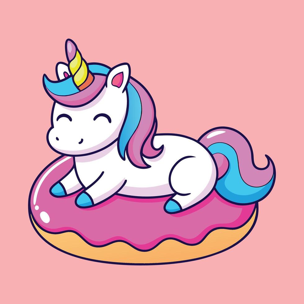 Cute Unicorn Relaxing on a Doughnut Cartoon Art Illustration Design vector