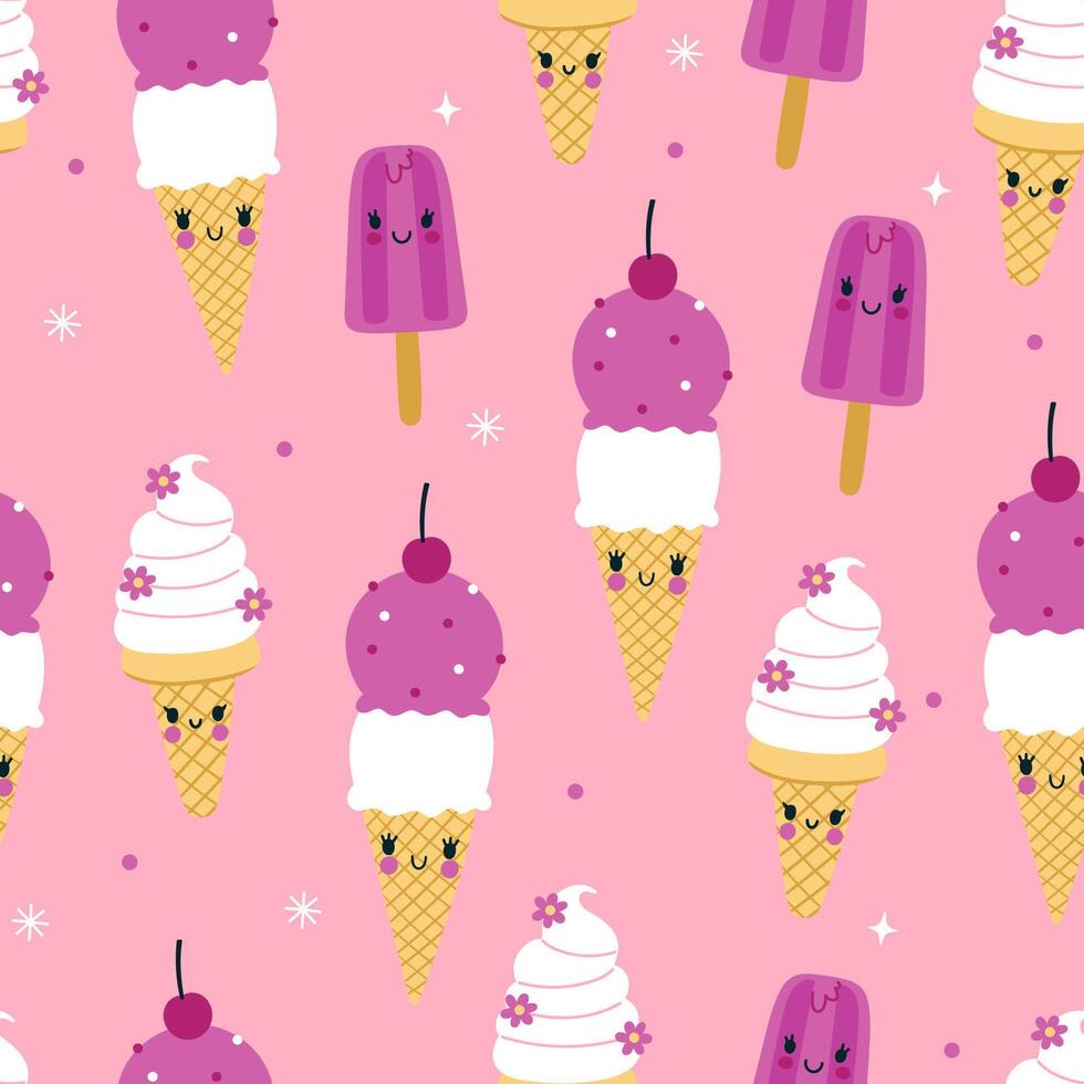 Cute seamless pattern with ice cream on a pink background. graphics. vector