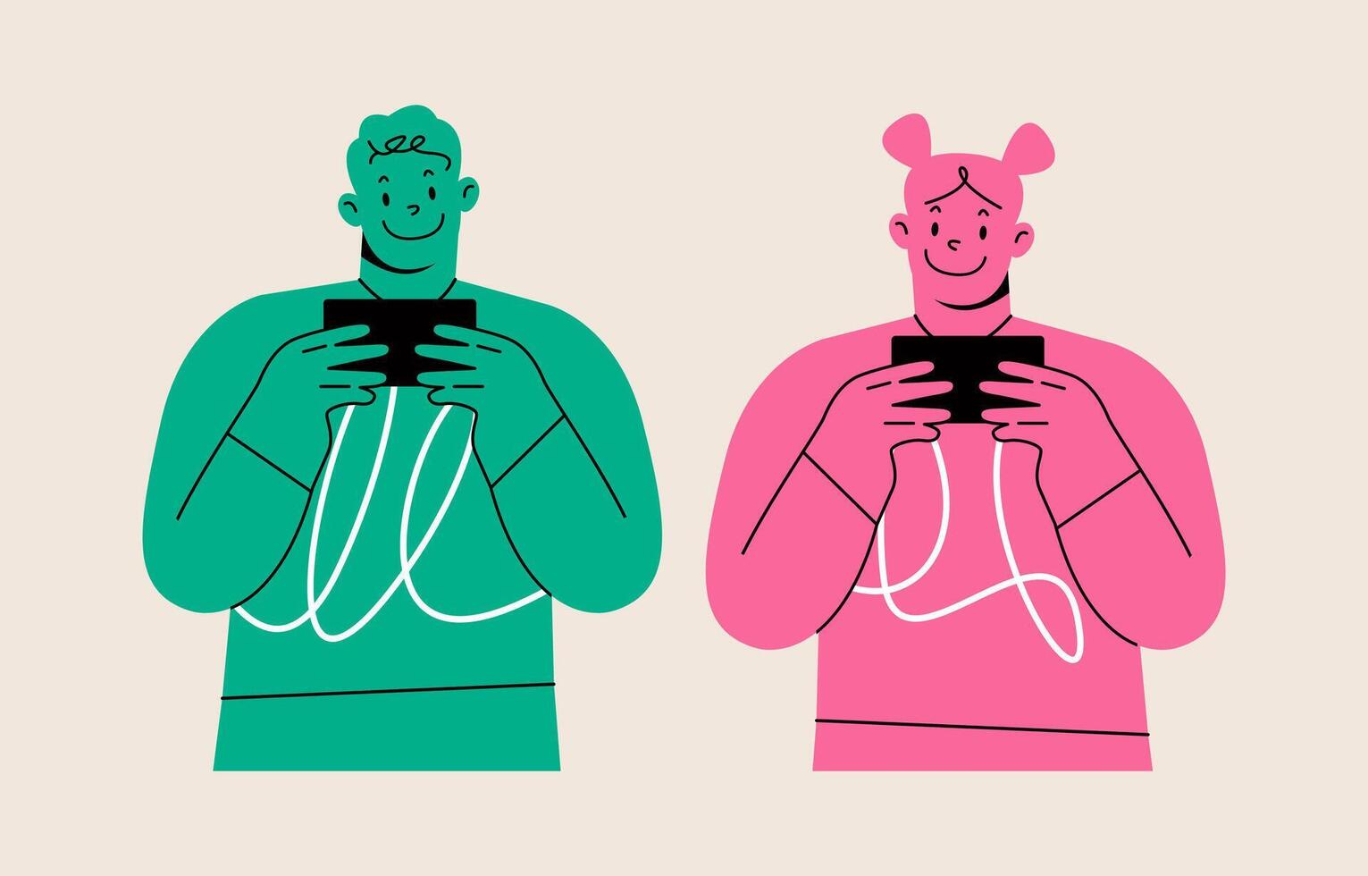 Young man and woman looking at mobile phone in hands. Colorful illustration vector