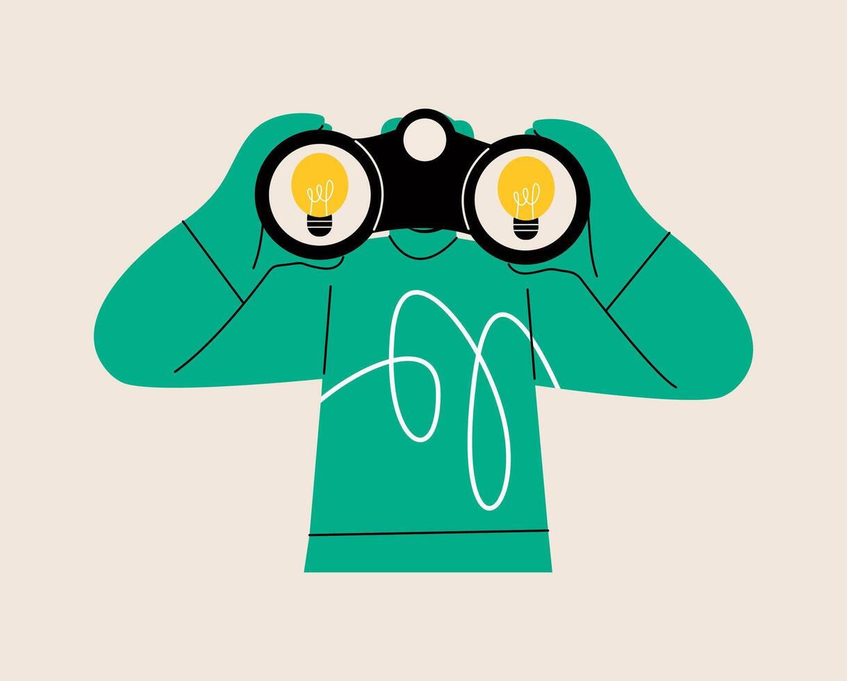 Man look through binoculars and searching ideas. Colorful illustration vector