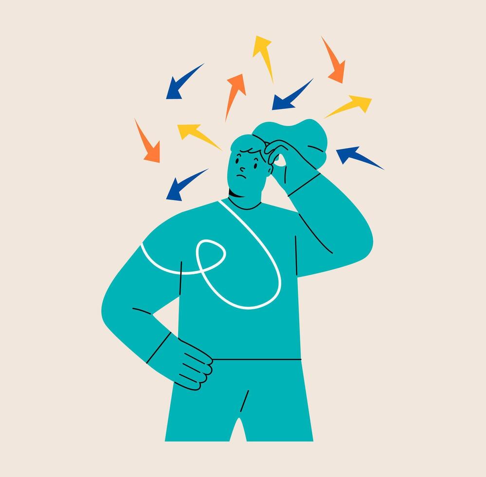 Woman standing under arrows coming out of her head symbolizing process thinking. Solving problem, deciding concept. Colorful illustration vector