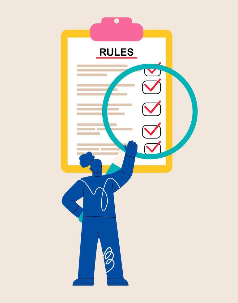 Business people studying list of rules, reading guidance, making checklist. Colorful illustration vector