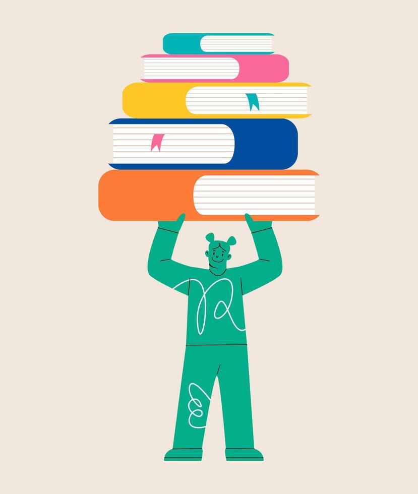 Young woman with huge pile of books. Colorful illustration vector