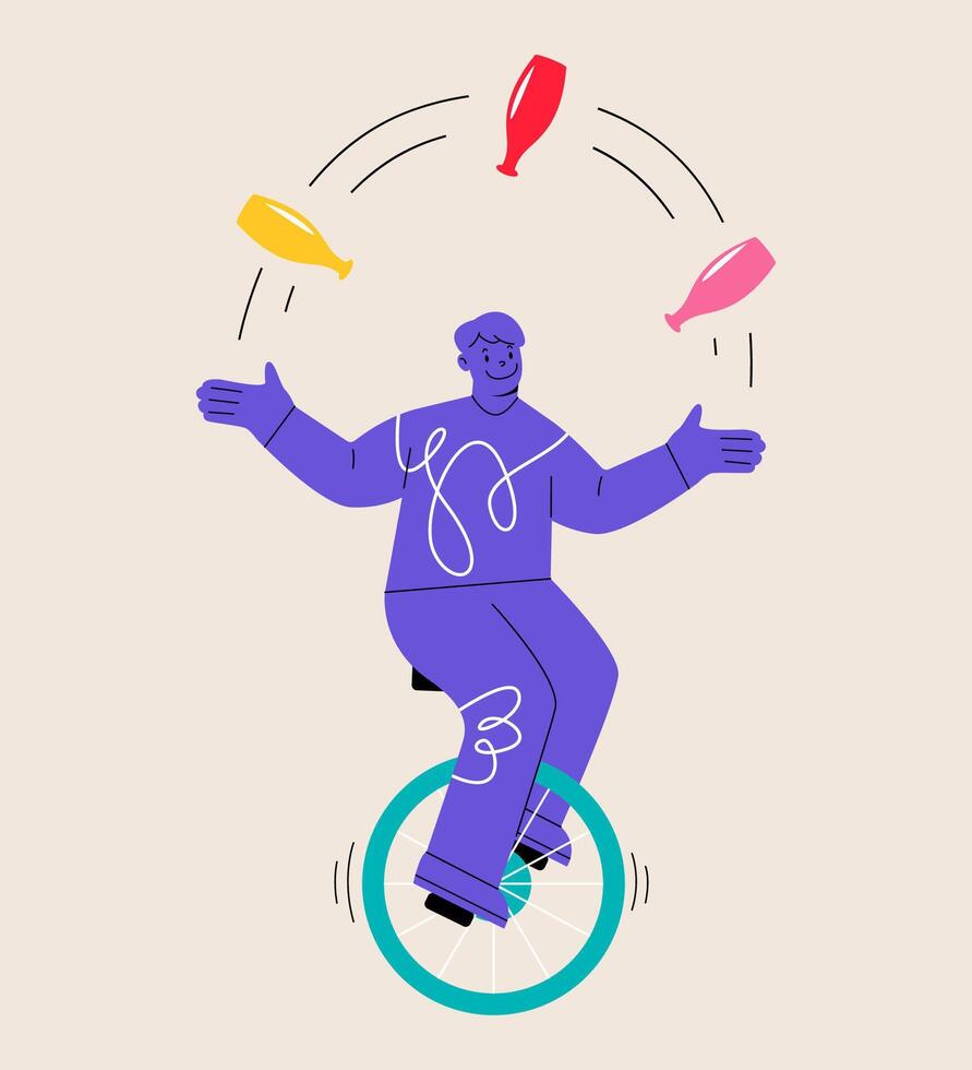 Man is riding on unicycle and juggling different tasks. Multitasking concept. Colorful illustration vector