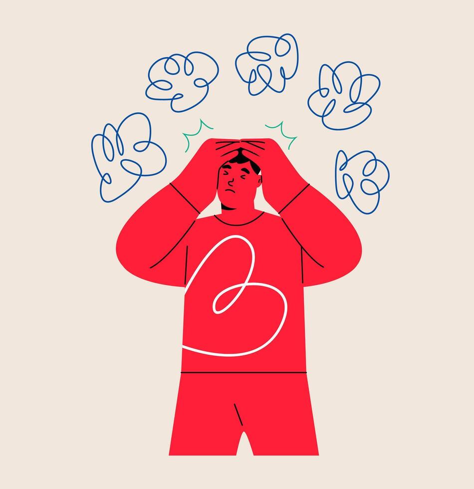 Anxious man suffering from obsession, anxiety, worrying, concerning. Intrusive thoughts. Psychology concept. Colorful illustration vector
