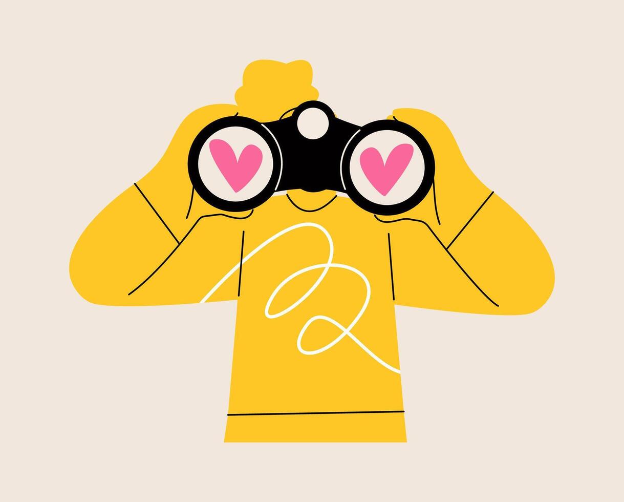 Woman look through binoculars and searching love. Colorful illustration vector