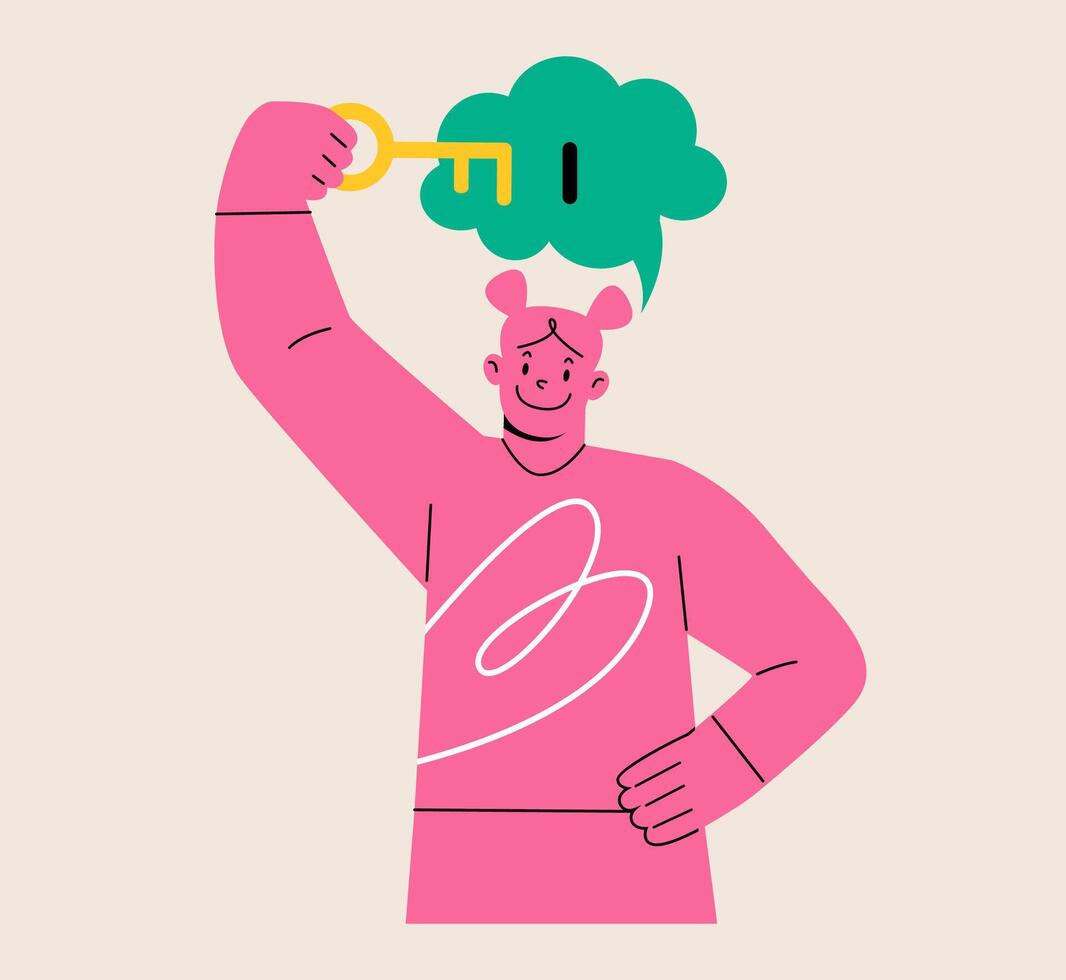 Woman inserting key to keyhole of thought bubble. Unlock idea and explore potential, development of thinking. Colorful illustration vector