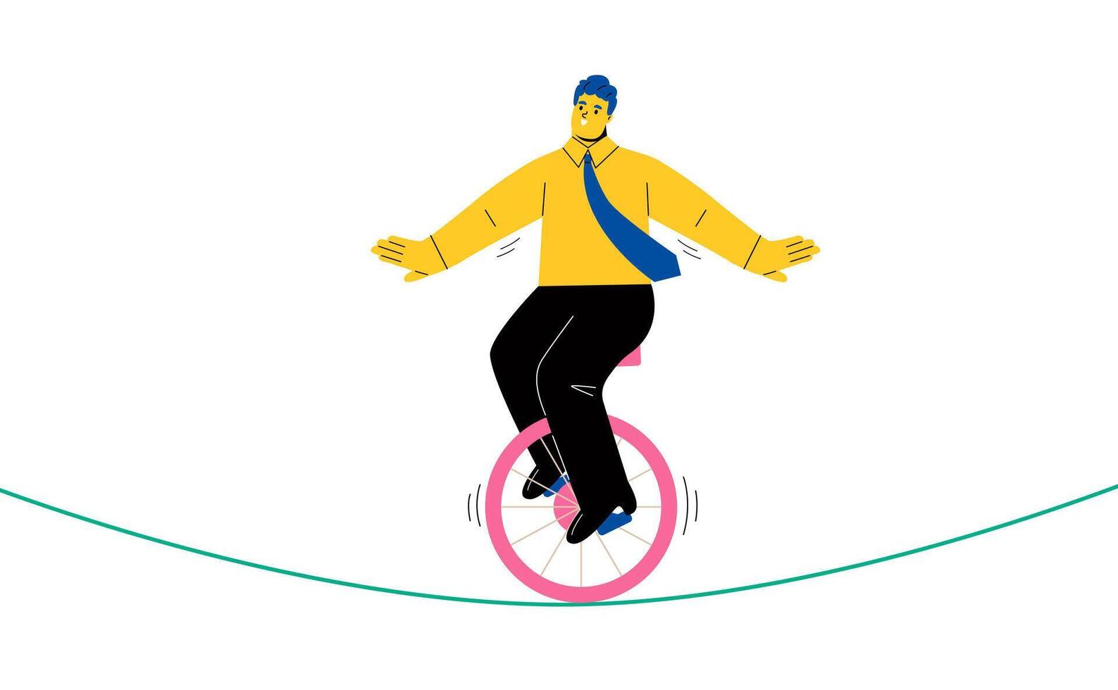 Business man riding bike one wheel on a rope. Flat illustration isolated on white background vector