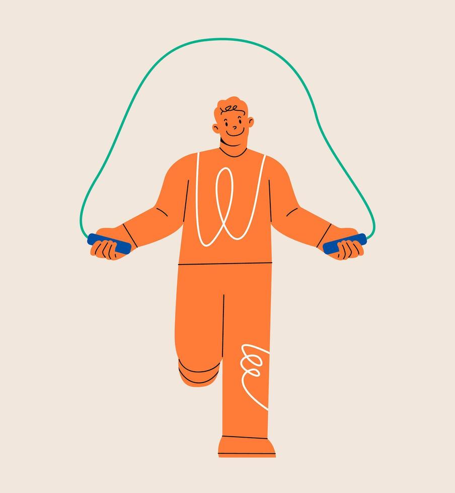 Young man jump with skipping rope. Fitness exercise with jumping rope. Colorful illustration vector