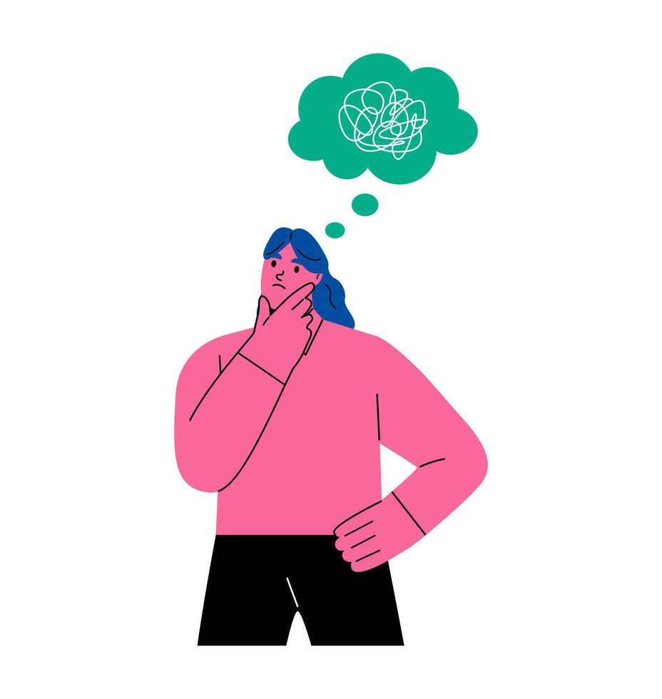Business woman with clutter of thoughts in brain. Flat illustration isolated on white background vector