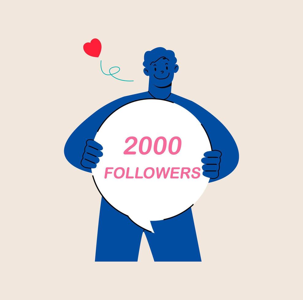 Smiling man celebrate large number of followers on social media. successful strategies. Colorful illustration vector