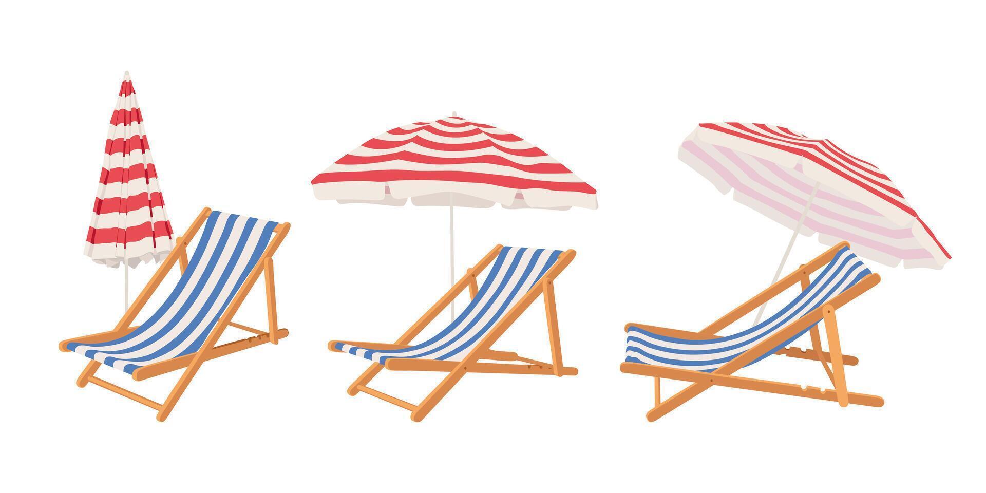 Set with folding beach chair with umbrella. Hand drawn beach and garden furniture. vector