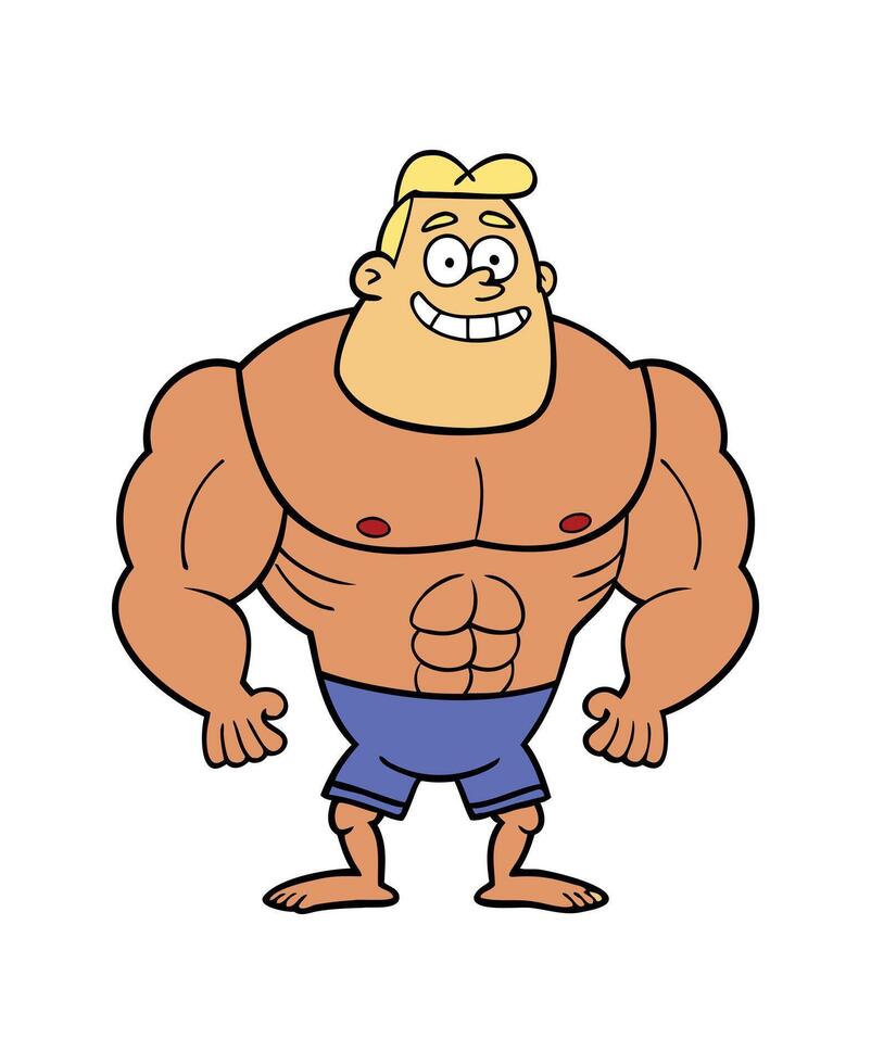 Funny Cartoon Strongman Character in Blue Shorts vector