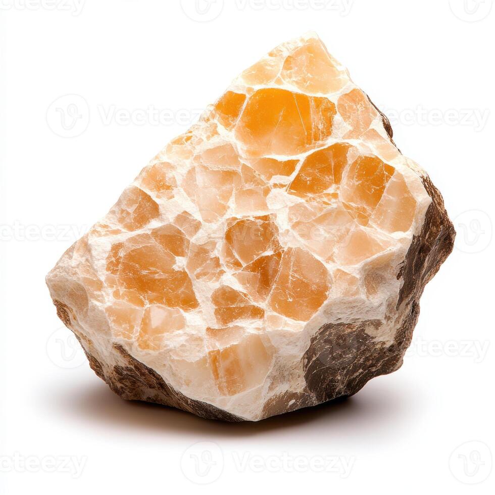 single piece of orange calcite with rough texture on white background photo