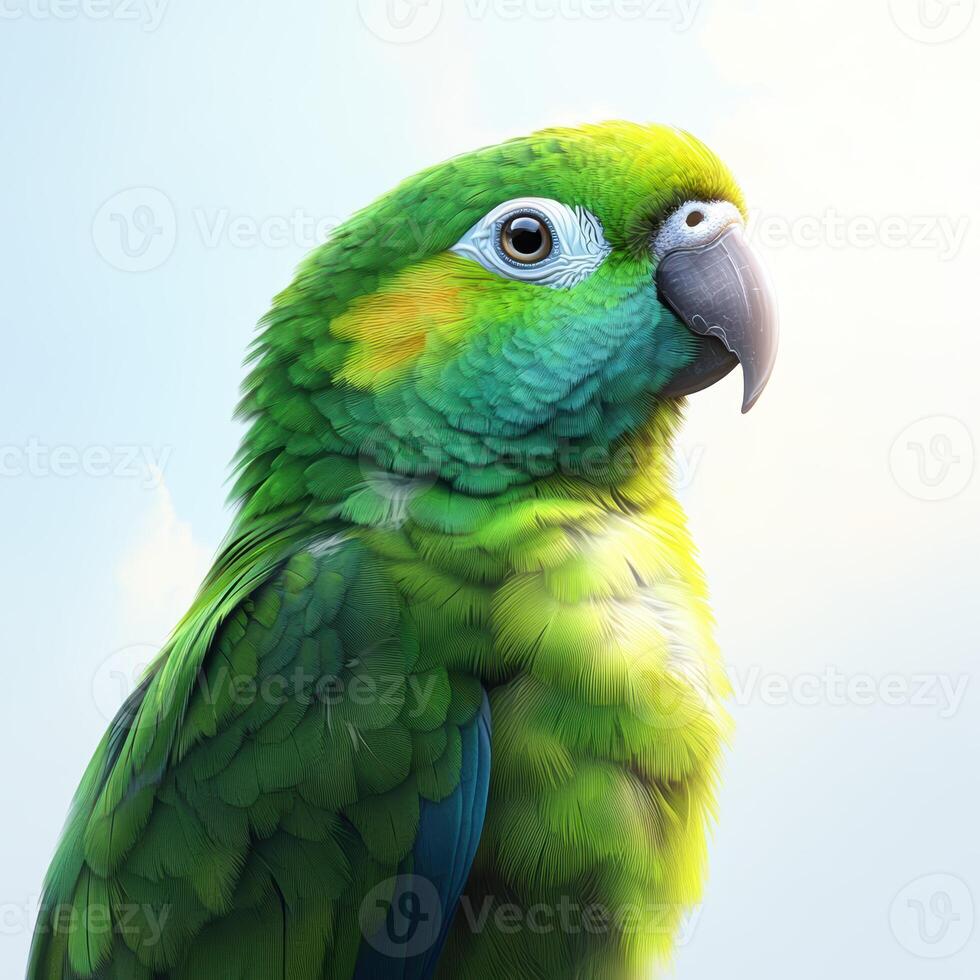 vibrant green parakeet with detailed feathers perched against soft sky photo