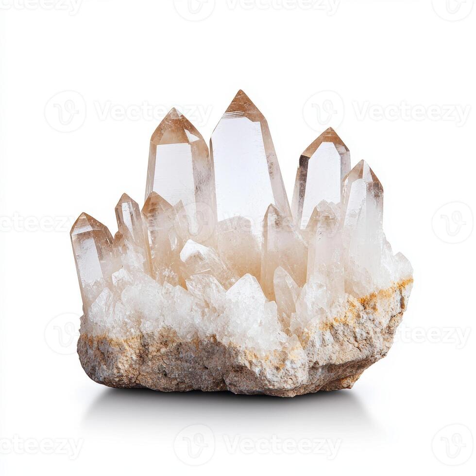 cluster of translucent quartz crystals on rough stone base photo