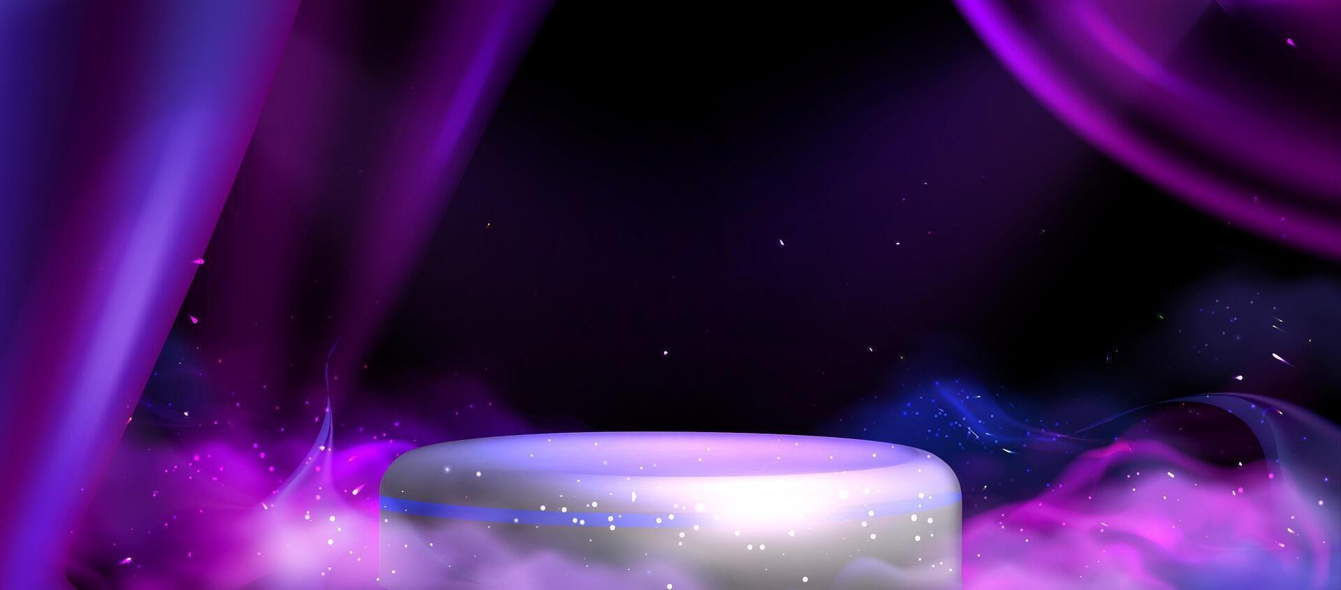 Purple stage award scene. Silver stage award podium with purple luxurious silk draperies for interior decoration. Blue - purple smoke background with neon particles on the a dark background vector