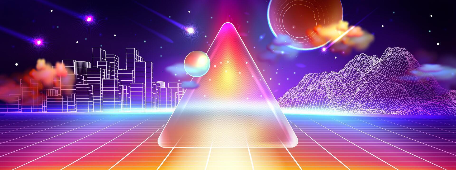 Retro futuristic . glassmorphism. Triangular frosted blurry glass on background of laser space cyberspace Abstract city arena with planets,stars and comets. Glassmorphism. vector
