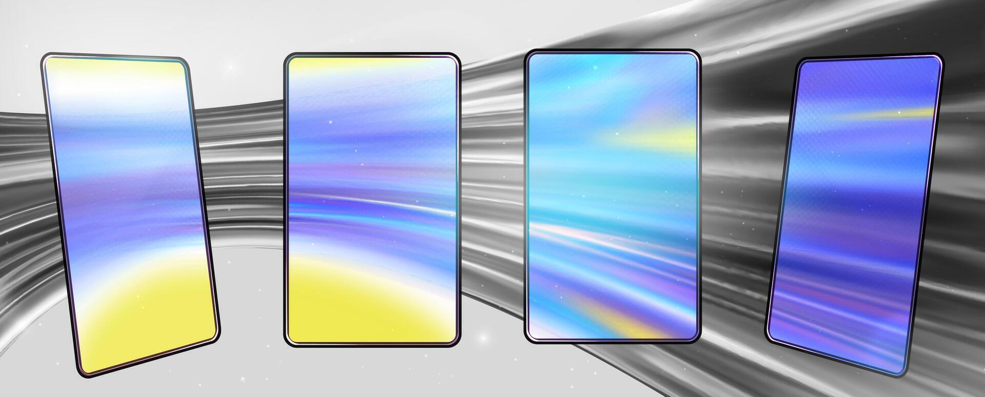 Glassmorphism screen smartphone. Transparent matt glass plates on the holographic blue texture. Smartphones on the modern tech gray abstract background vector