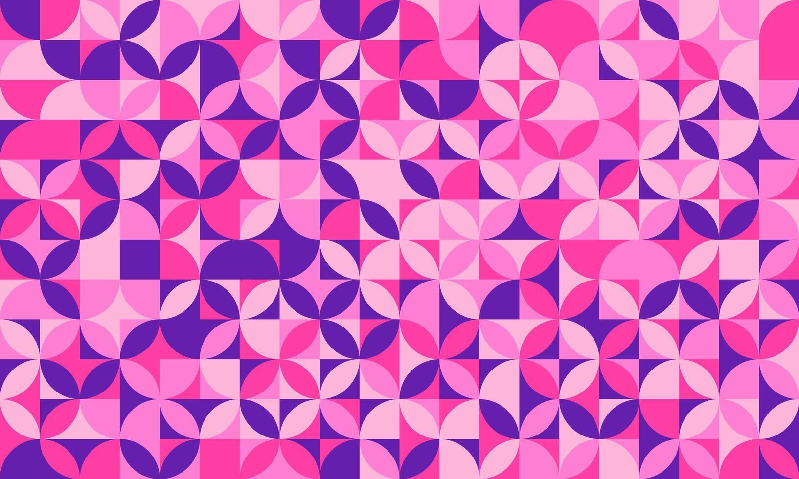 Vibrant geometric pattern featuring pink and purple circles and squares. Ideal for backgrounds, textiles, or website design, this midcentury modern style image evokes feelings of energy and optimism. vector