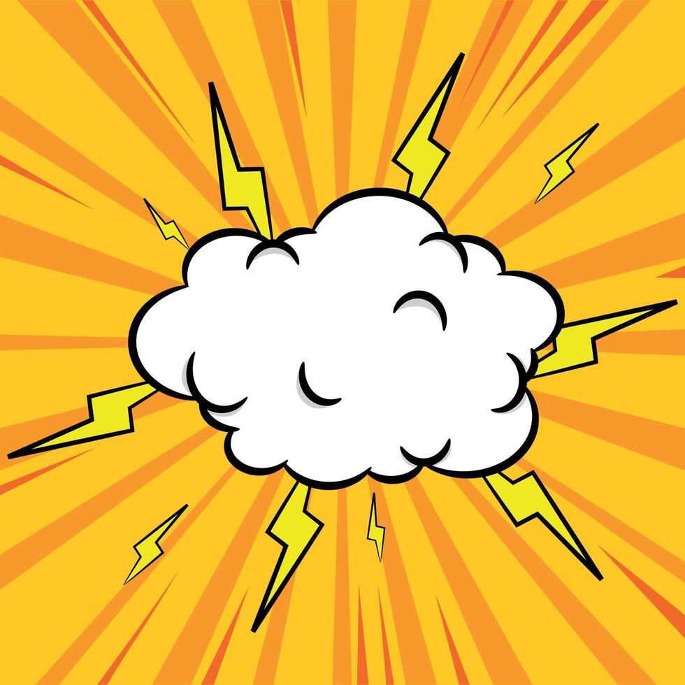 Comic lightning speech bubble with copy space for your text, cartoon exploding cloud, superhero graphic element with zoom lines vector