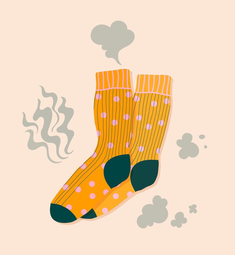 Pair of smelly socks. Dirty stinky sock, sweaty used clothes with bad smell. Cartoon illustration. vector