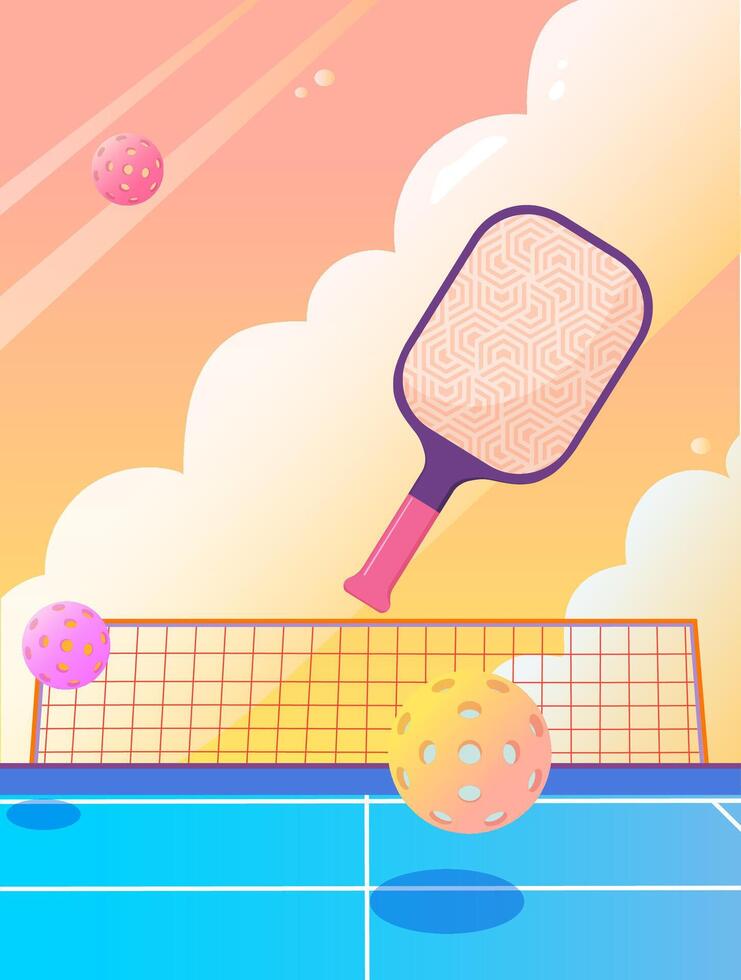 Pickleball game with a paddle and perforated balls in mid-air over a blue court, set against a warm, pastel-colored sky with clouds, symbolizing energy, fun, and outdoor activity vector