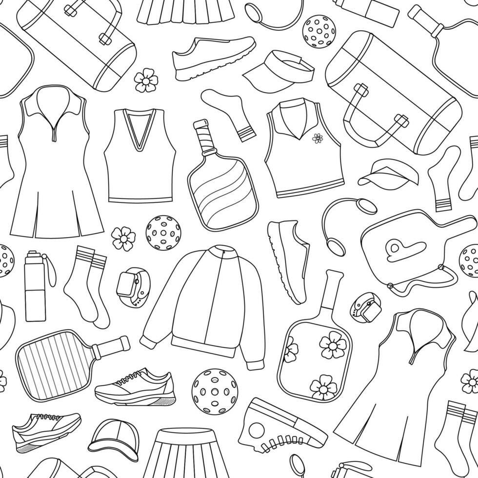 Seamless black and white pattern featuring various pickleball equipment and sportswear, including paddles, balls, shoes, visors, and apparel, creating a stylish and modern sports-themed design vector