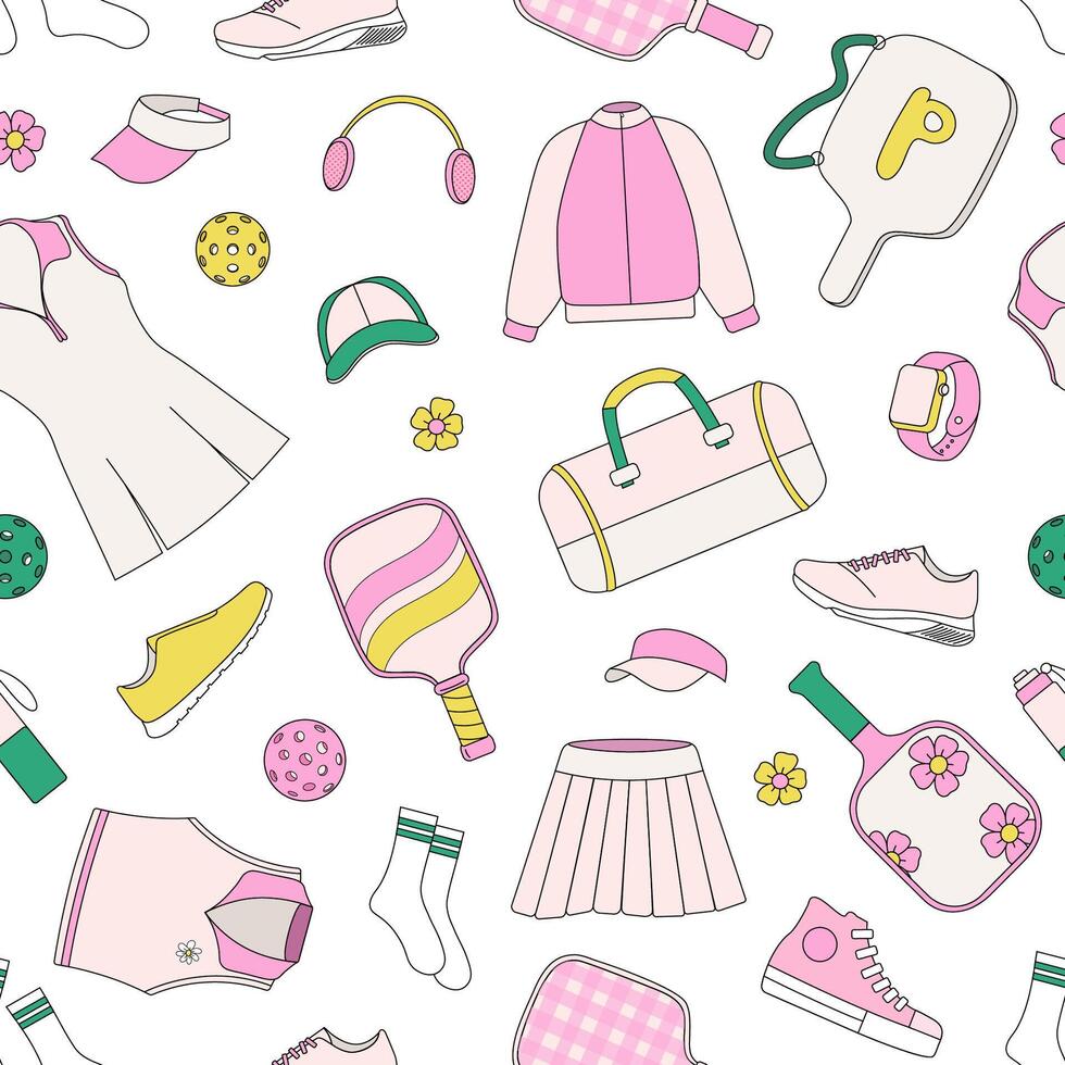 Seamless pattern pickleball equipment and sportswear, including paddles, balls, shoes, visors, and apparel, creating a stylish and modern sports-themed design vector