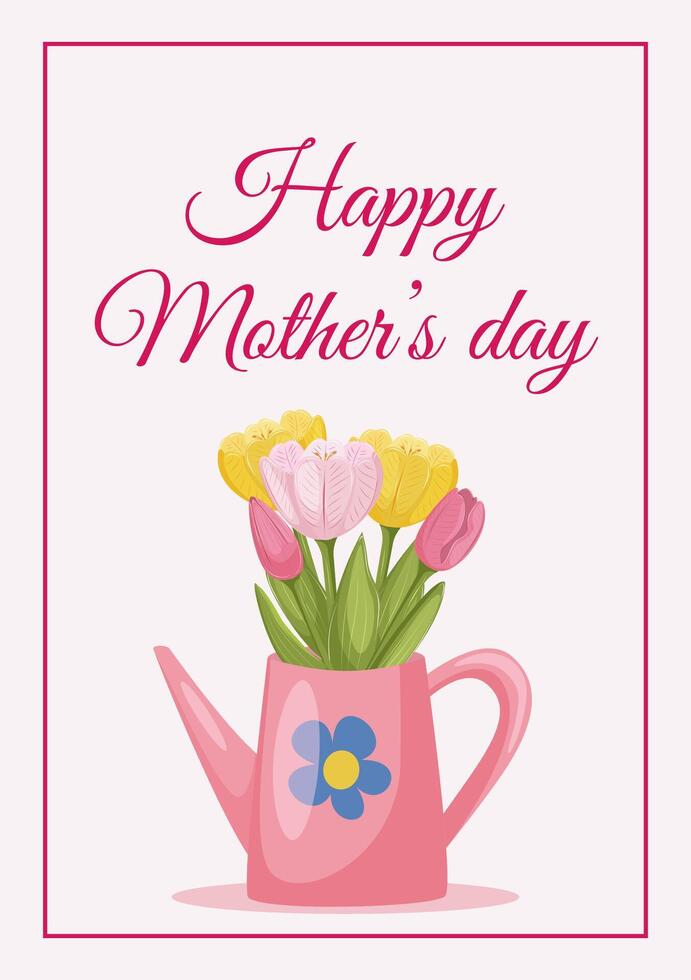 Mother day greeting card with bouquet of tulips in Pink watering can on a pink background. vector