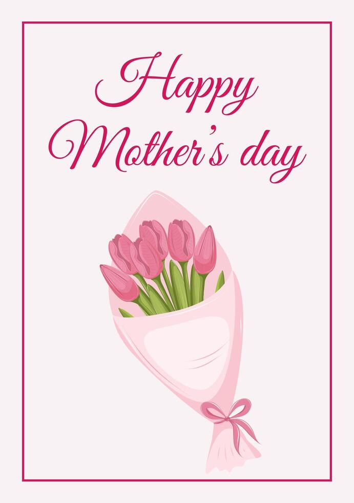 Mother day greeting card with bouquet of tulips in pink wrapping paper and bow on a pink background. vector