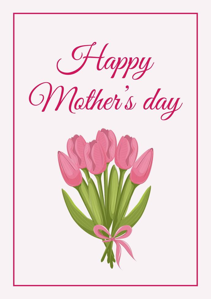 Mother day greeting card with bouquet of pink tulips tied with a ribbon and a bow on a pink background. vector
