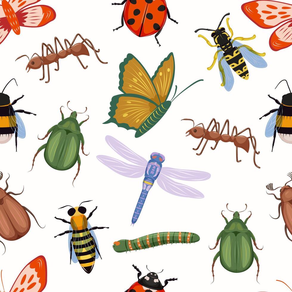 Cute children seamless pattern with insects on white background. Ant, butterfly, caterpillar, bee, bumblebee, wasp, cockchafer, dragonfly and green beetle. vector