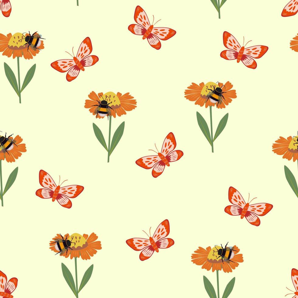 Cute summer floral seamless pattern with insects. Butterflies and bumblebees fly around the flower. Illustration for textiles and prints. vector