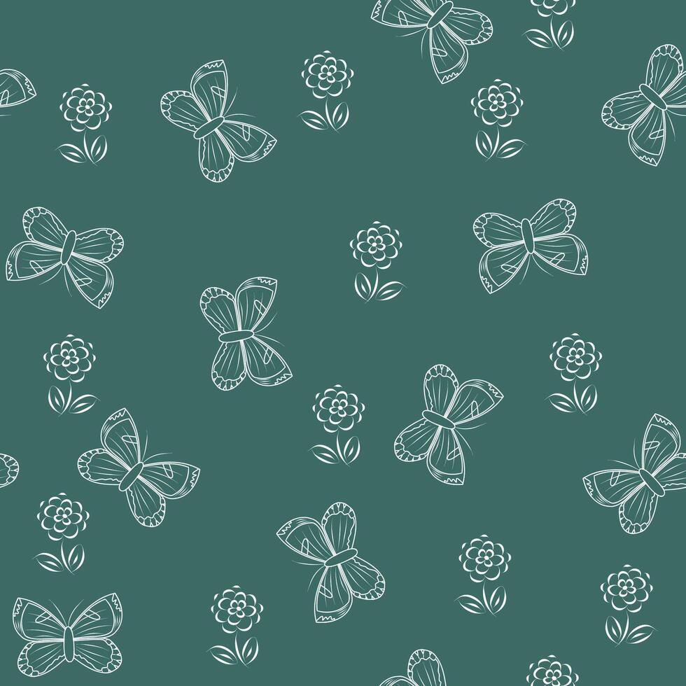 Cute summer floral seamless pattern with insect butterfly. Butterflies and flowers on the green background. Illustration for textiles and prints. vector