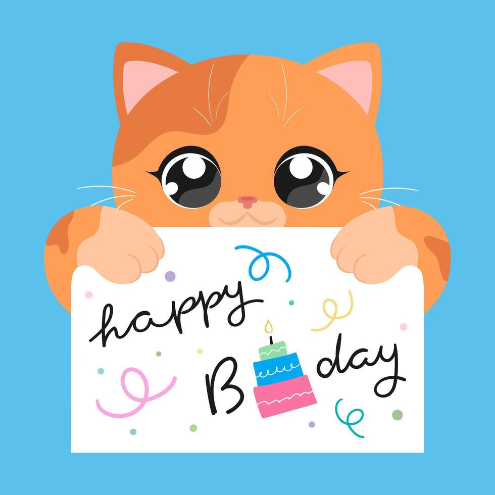 Cute ginger cat holding Happy B-day banner. Happy birthday cat vector